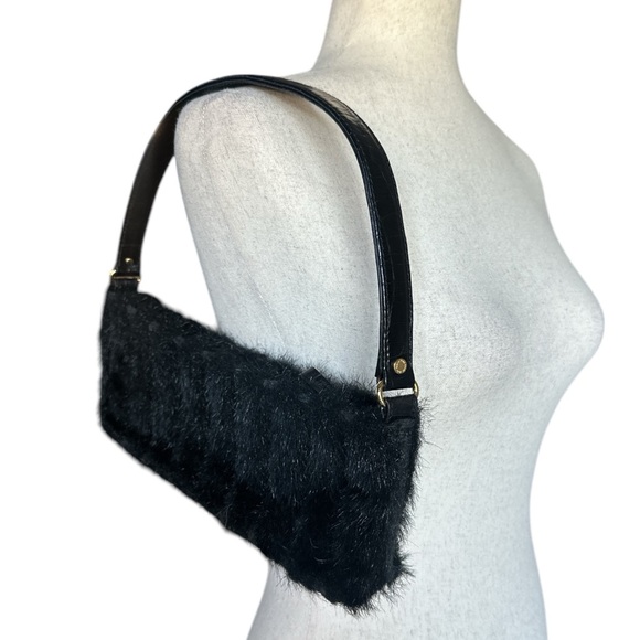 kate spade Handbags - Kate Spade Black Faux Fur Shoulder Bag Embossed Strap Bright Print Lining Chic